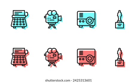 Proyector multimedia, máquina de escribir retro, cámara de cine e icono del trofeo de la película. Vector