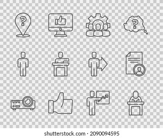 Set line Media projector, Speaker, Project team base, Hand like, Question mark, Team leader and Resume icon. Vector