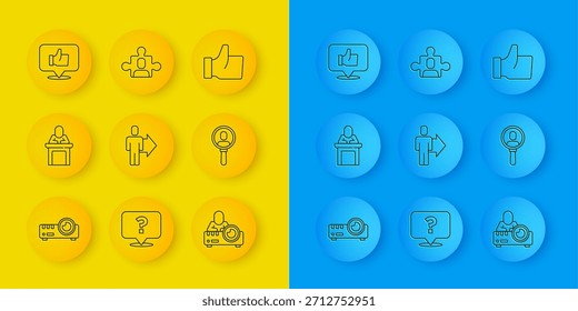 Set line Media projector, Speaker, Team leader, Search people, Hand like,  and Project team base icon. Vector