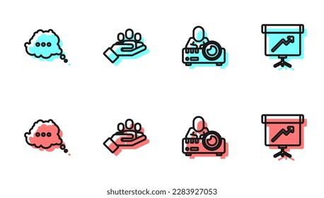 Ajuste el proyector de línea Media, el chat de burbujas de voz, la mano para buscar personas y el panel con el icono de diagrama. Vector