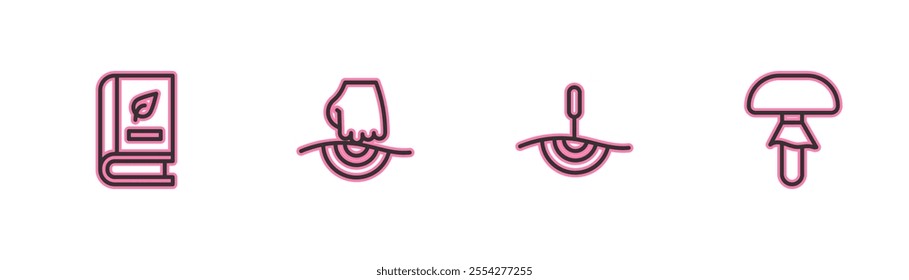 Set line Medical book, Acupuncture therapy, Massage and Mushroom icon. Vector