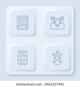 Set line Medical book, Bench with barbel, Soda can and No alcohol. White square button. Vector