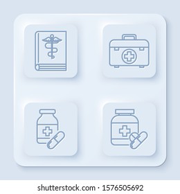 Set line Medical book, First aid kit, Medicine bottle and pills and Medicine bottle and pills. White square button. Vector