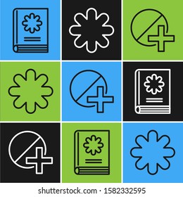 Set line Medical book, Medicine pill or tablet and Cross hospital medical icon. Vector