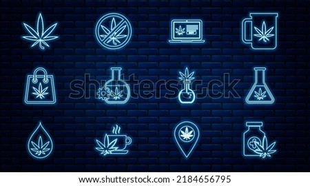 Set line Medical bottle with marijuana, Test tube, Online buying, Shopping bag of, Marijuana or cannabis leaf,  and Stop icon. Vector