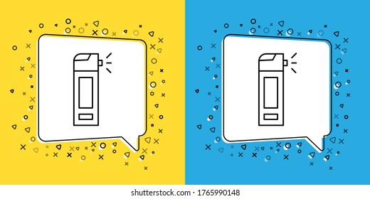 Set line Medical bottle with nozzle spray for the treatment of diseases of the nose and throat icon isolated on yellow and blue background.  Vector Illustration