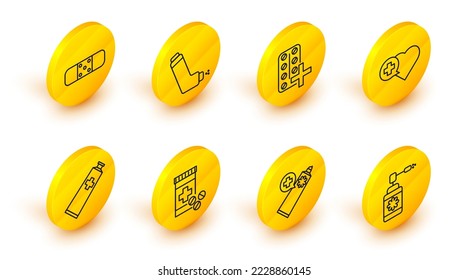 Set line Medical bottle with nozzle spray, Ointment cream tube medicine, Medicine and pills, Heart cross, Pills blister pack, Inhaler and Bandage plaster icon. Vector