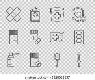 Set line Medical bottle with nozzle spray, digital thermometer, Nurse hat cross, Medicine and pills, Crossed bandage plaster, Crutch or crutches and Pills blister pack icon. Vector