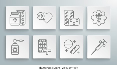 Set line Medical bottle with nozzle spray, Heart cross, Pills in blister pack, Medicine pill or tablet, Syringe, Emergency star medical symbol Caduceus snake stick and and pills icon. Vector