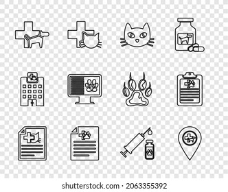 Set line Medical certificate for dog or cat, Location veterinary, Cat, Veterinary clinic, Clinical record pet monitor, Syringe with vaccine and  icon. Vector