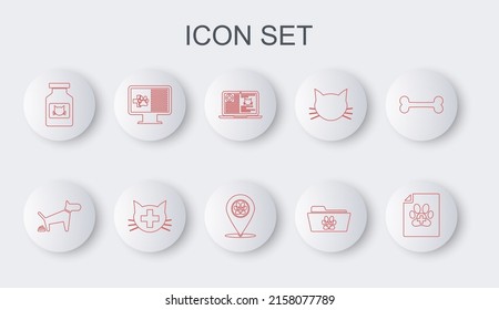 Set line Medical certificate for dog or cat, Dog pooping, Clinical record on laptop, veterinary folder, Cat medicine bottle, pet monitor, Veterinary clinic and Location icon. Vector