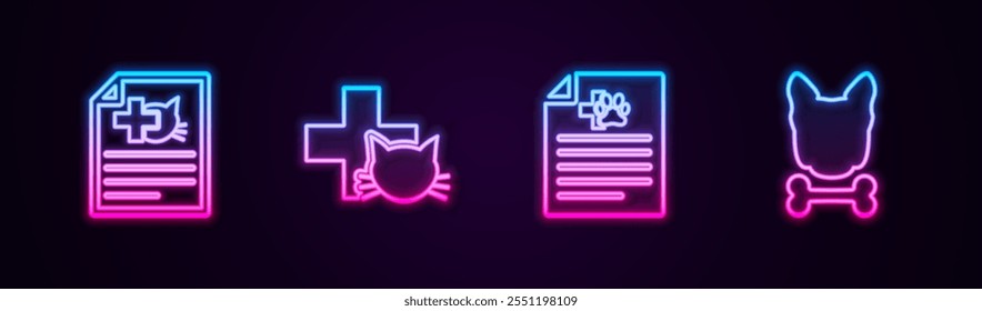 Set line Medical certificate for dog or cat, Veterinary clinic,  and Dog and bone. Glowing neon icon. Vector