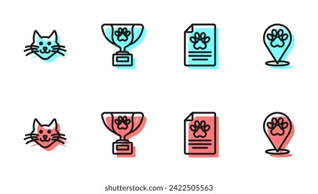 Set line Medical clinical record pet, Cat, Pet award symbol and Location veterinary hospital icon. Vector