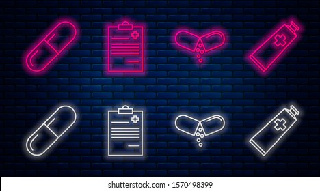 Set line Medical clipboard with clinical record, Medicine pill or tablet, Medicine pill or tablet and Ointment cream tube medicine. Glowing neon icon on brick wall. Vector