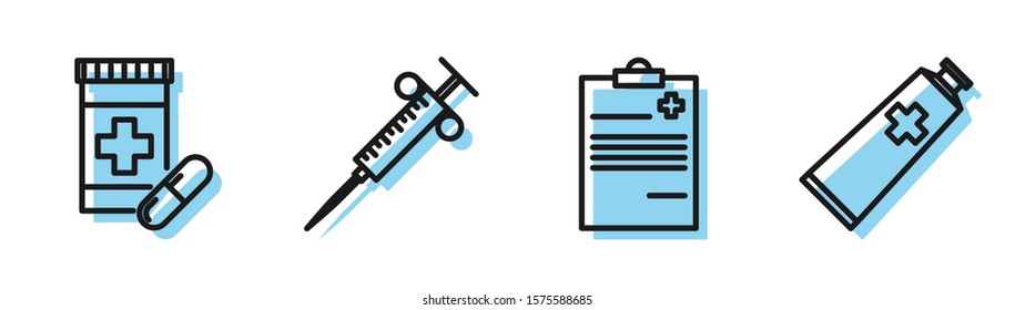 Set line Medical clipboard with clinical record, Medicine bottle and pills, Syringe and Ointment cream tube medicine icon. Vector