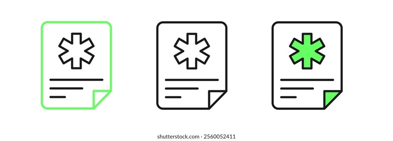 Set line Medical clipboard with clinical record icon isolated on white background. Prescription, medical check marks report.  Vector