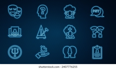 Set line Medical clipboard, Question mark, Depression, Metronome with pendulum, Psychologist online, Comedy and tragedy masks, Man graves funeral sorrow and Head question icon. Vector