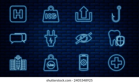 Set line Medical cross in circle, Dental protection, Upload, Electric plug, Chat, Hospital, Invisible or hide and Weight icon. Vector