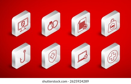 Set line Medical cross in circle, Wedding rings, Transfer files, Weight pounds, Laptop and gear, Monitor shield, with and Fishing hook icon. Vector