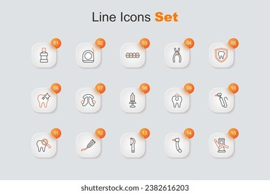 Set line Medical dental chair, Tooth drill, Dental floss, Tube of toothpaste, Broken,  and Syringe icon. Vector
