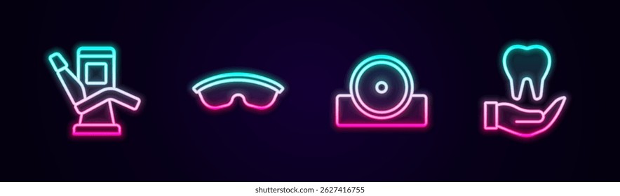 Set line Medical dental chair, Safety goggle glasses, Otolaryngological head reflector and Tooth. Glowing neon icon. Vector