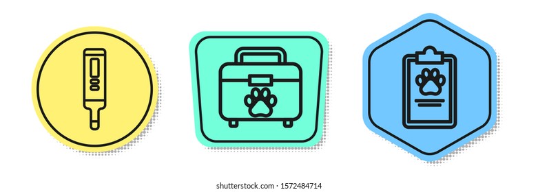 Set line Medical digital thermometer, Pet first aid kit and Clipboard with medical clinical record pet. Colored shapes. Vector