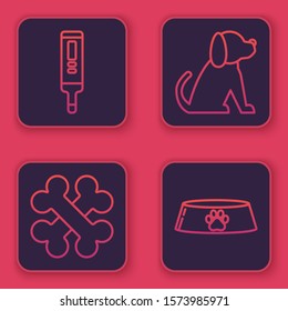 Set line Medical digital thermometer, Crossed bones, Dog and Pet food bowl for cat or dog. Blue square button. Vector