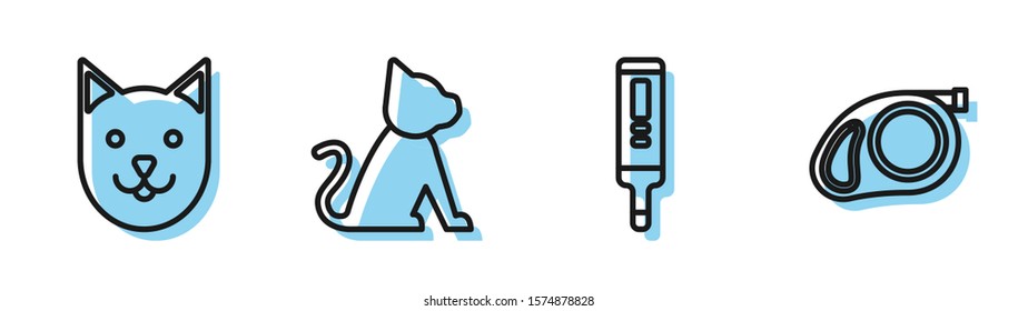 Set line Medical digital thermometer, Cat, Cat and Retractable cord leash with carabiner icon. Vector