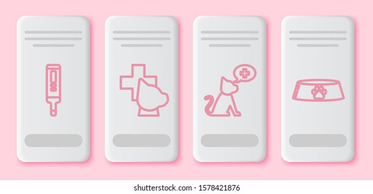 Set line Medical digital thermometer, Veterinary clinic symbol, Veterinary clinic symbol and Pet food bowl for cat or dog. White rectangle button. Vector