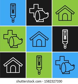 Set line Medical digital thermometer, Dog house and Veterinary clinic symbol icon. Vector