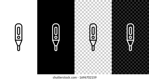 Set line Medical digital thermometer for medical examination icon isolated on black and white background. Vector Illustration
