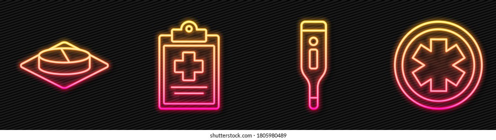 Set line Medical digital thermometer, Medicine pill or tablet, Medical clipboard with clinical record and Medical symbol of the Emergency. Glowing neon icon. Vector