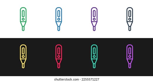 Set line Medical digital thermometer for medical examination icon isolated on black and white background.  Vector Illustration