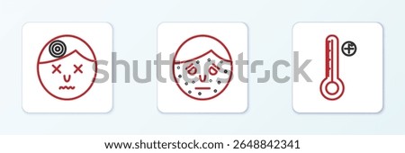 Set line Medical digital thermometer, Man having headache and Face with psoriasis or eczema icon. Vector
