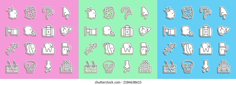 Set Line Medical Hospital Building, Abdominal Bloating, Hepatitis Virus, Gut Constipation, Vomiting Man, Hospital Bed, Man Having Headache And First Aid Kit Icon. Vector