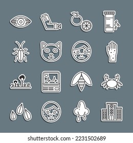 Set line Medical hospital building, Crab, Hand with psoriasis or eczema, Orange fruit, Pet, Cockroach, Reddish eye allergic conjunctivitis and Man excessive sweating icon. Vector