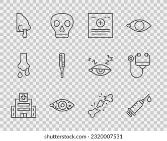 Línea de trabajo Construcción de hospitales médicos, Jeringa, Registro clínico, Ojo rojizo, Nariz rúnica, termómetro, Hueso roto humano e ícono de Stethoscope. Vector