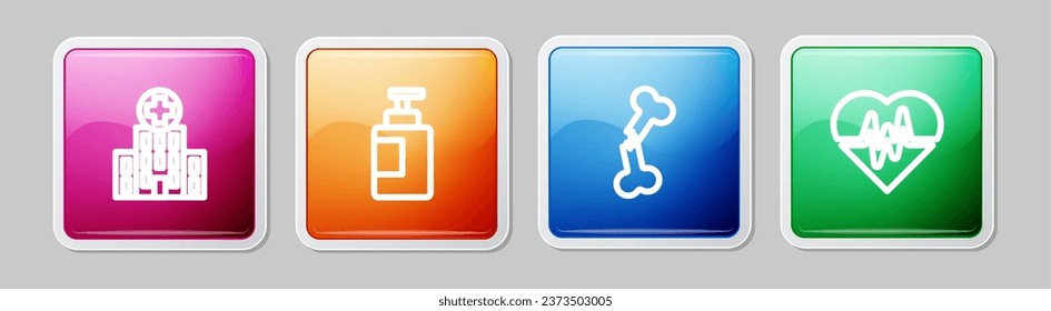 Set line Medical hospital building, Hand sanitizer bottle, Human broken bone and Heart rate. Colorful square button. Vector