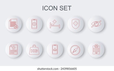 Set line Medical hospital building, Clinical record, Hospital bed, Wind rose, Transfer files, Setting on smartphone, Weight and Smartphone with download icon. Vector