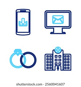 Set line Medical hospital building, Wedding rings, Monitor and envelope and Smartphone with download icon. Vector