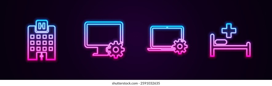 Set line Medical hospital building, Computer monitor and gear, Laptop and Hospital bed. Glowing neon icon. Vector