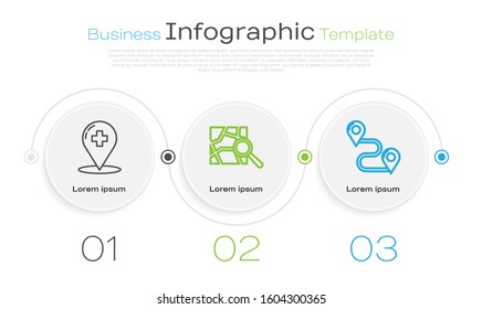 Set line Medical map pointer with cross hospital, Folded map with location marker and Route location. Business infographic template. Vector