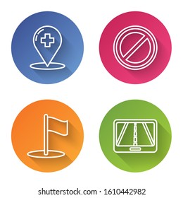 Set line Medical map pointer with cross hospital, Stop sign, Flag and Infographic of city map navigation. Color circle button. Vector