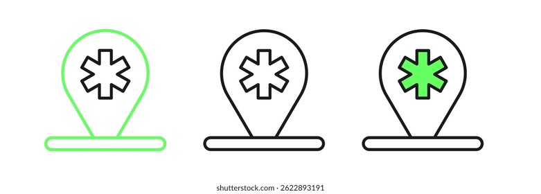 Definir linha Ponteiro do mapa médico com ícone de hospital cruzado isolado no fundo branco.  Vetor