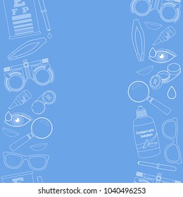 Set of line medical optometry accessory for correct vision - contact lens, solution, lens case eye test chart, glasses. Vector