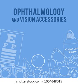 Set of line medical optometry accessory for correct vision - contact lens, solution, lens case eye test chart, glasses. Vector