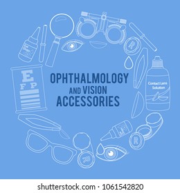 Set of line medical optometry accessory for correct vision - contact lens, solution, lens case eye test chart, glasses. Vector