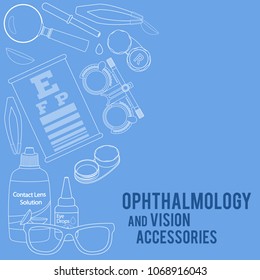 Set of line medical optometry accessory for correct vision - contact lens, solution, lens case eye test chart, glasses. Vector