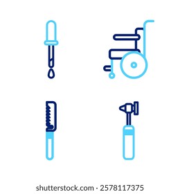 Set line Medical otoscope tool, saw, Wheelchair for disabled person and Pipette icon. Vector