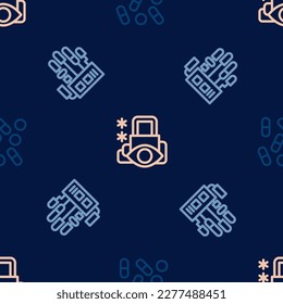 Set line Medical pill biohacking, Mechanical robot hand and Cyber security on seamless pattern. Vector